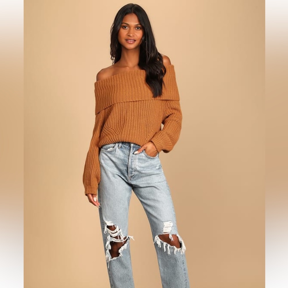 Carmichael Light Brown Off-the-Shoulder Knit Sweater